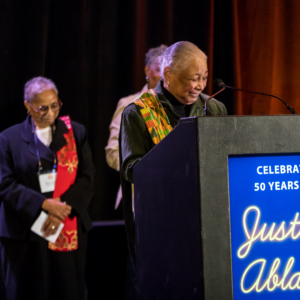 Sr. Josita Colbert, SNDdeN speaks at NETWORK's 50th anniversary celebration in Washington in April 2022.