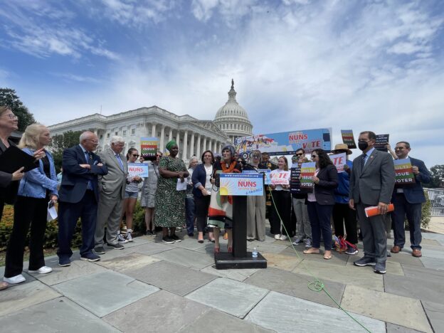 Rep. Rosa DeLauro speaks at the July 23 announcement of the Nuns on the Bus & Friends "Vote Our Future" tour on Capitol Hill.