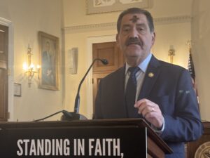 Rep. Chuy Garcia speaks on the impact on immigrant communities posed by the Budget Reconciliation at the March 5 Ash Wednesday service on Capitol Hill.