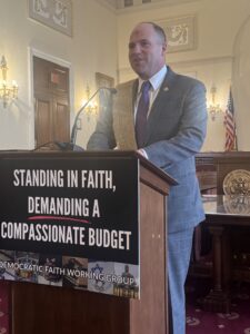 Rep. Tim Kennedy addresses the impacts of the GOP Budget Reconciliation at the Ash Wednesday prayer service for a compassionate budget on Capitol Hill on March 5.