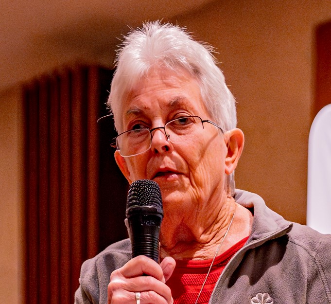 Sr. Louise Leers, SC speaks at a Cleveland townhall on the 2024 Nuns on the Bus & Friends Vote Our Future tour. Photo Jacob Schatz, CCR Studios