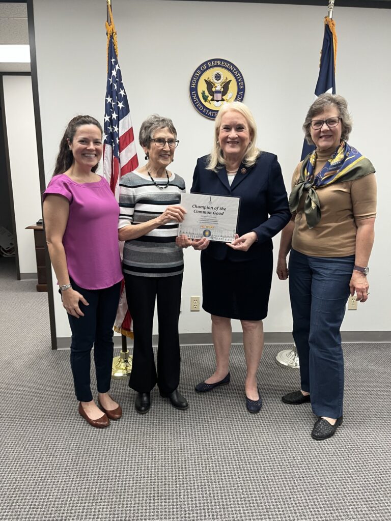 Rebekah Rivera, Mary Schultz, and Pam Lafflin present a 100 percent certificate to Rep. Sylvia Garcia (TX-29) for her perfect score on NETWORK’s 2025Voting Record.